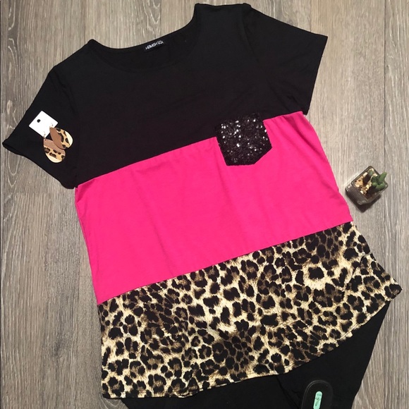 Color Block Top with Sequined Pocket - Picture 1 of 1